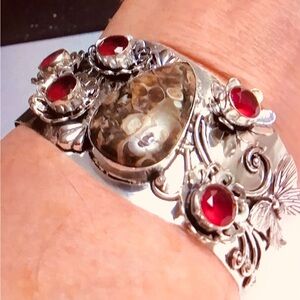 Turritella Garnet Stamped 925 Sterling Silver Cuff Bracelet